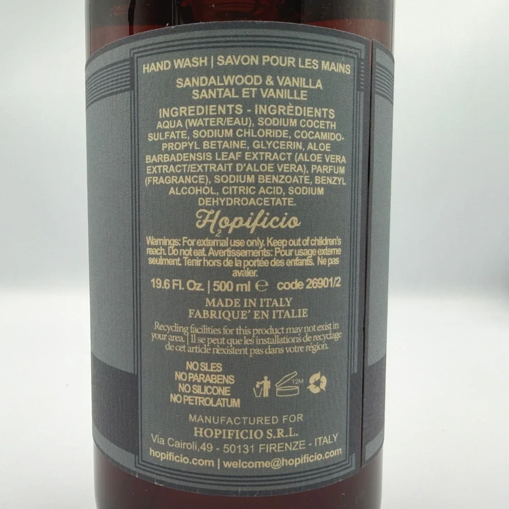 Hopificio Body & Hand Wash Mens 19.6oz Brown New Sandalwood Vanilla Italy 2pk